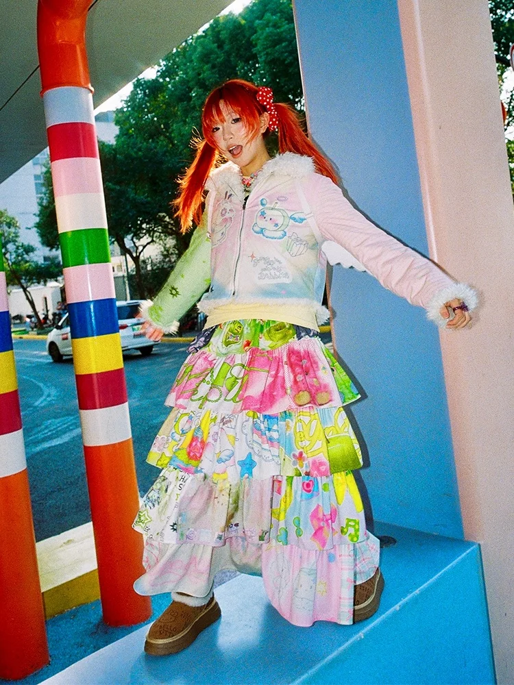 Millennial Hot Girl Cute Sweet Dopaamine High Waist Puffy Skirt Japanese Style  Cake Print Half Length Long Skirt
