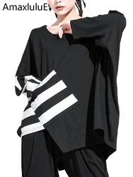AmaxluluE New 2025 Autumn Korean Fashion Style Womens Punk Tee Shirts Ladies Casual Striped Tshirts Black Tops Luxury Streetwear