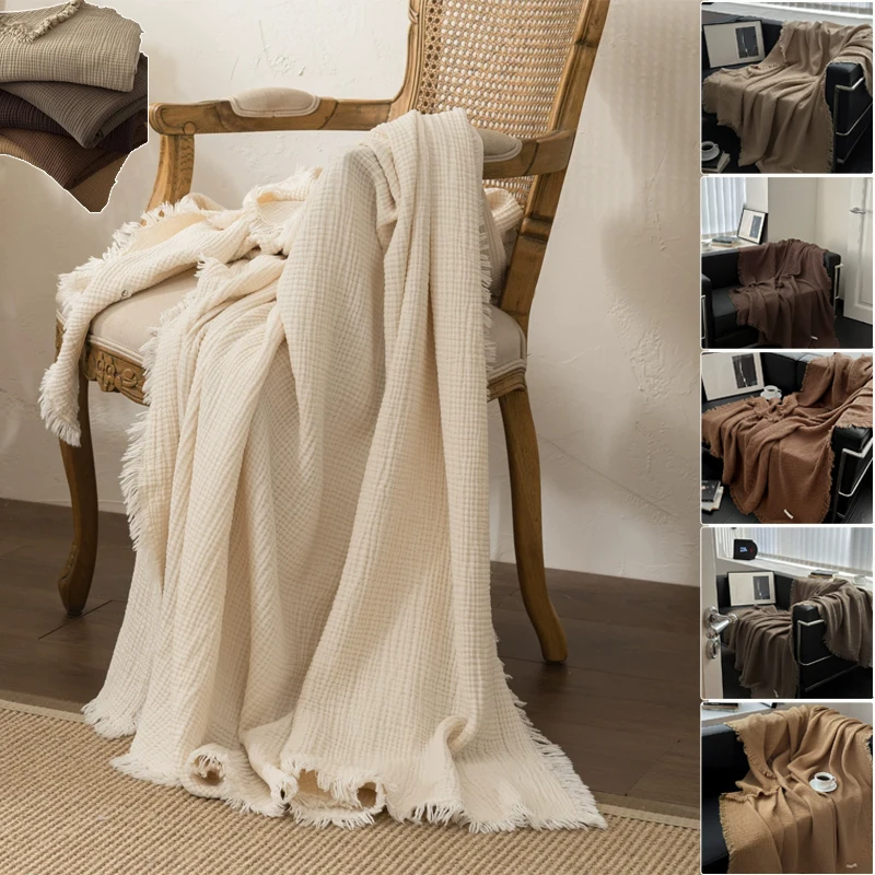 

Solid Color Sofa Blanket 100% Cotton Skin-friendly Bed Blanket Breathable Lightweight Sofa Towel for Travel Car Office De Cama