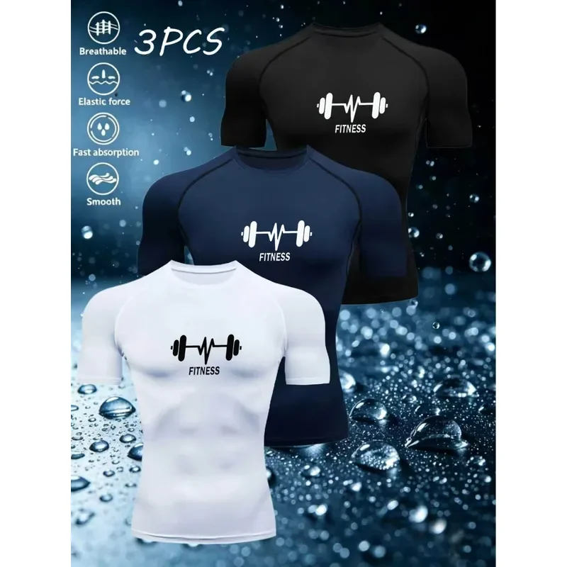3-Pack Men's Sports Compression Quick-Drying Short Sleeve T-Shirt Breathable High Elasticity Slim Fit for Gym Running