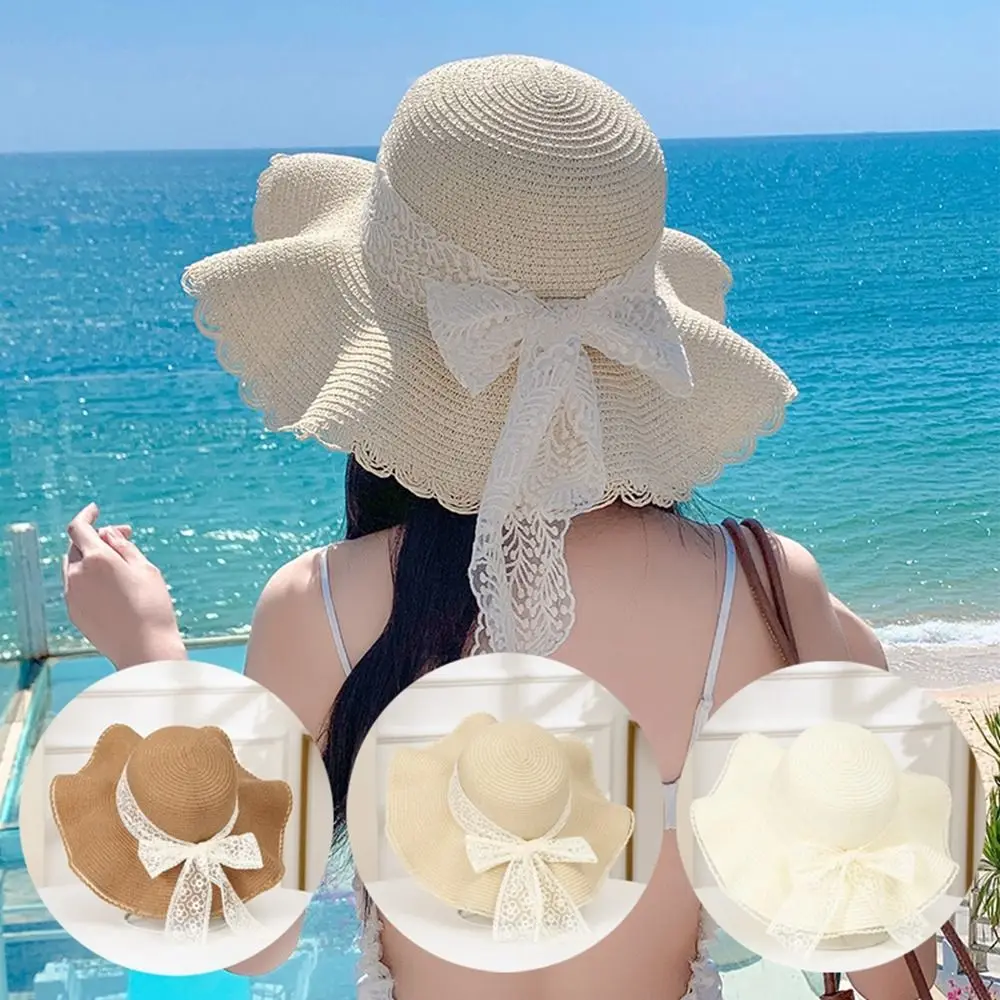 

New Straw Sun Hat Bow Ribbons UV Protection Beach Hat Wide Brim Portable Straw Cap Beach