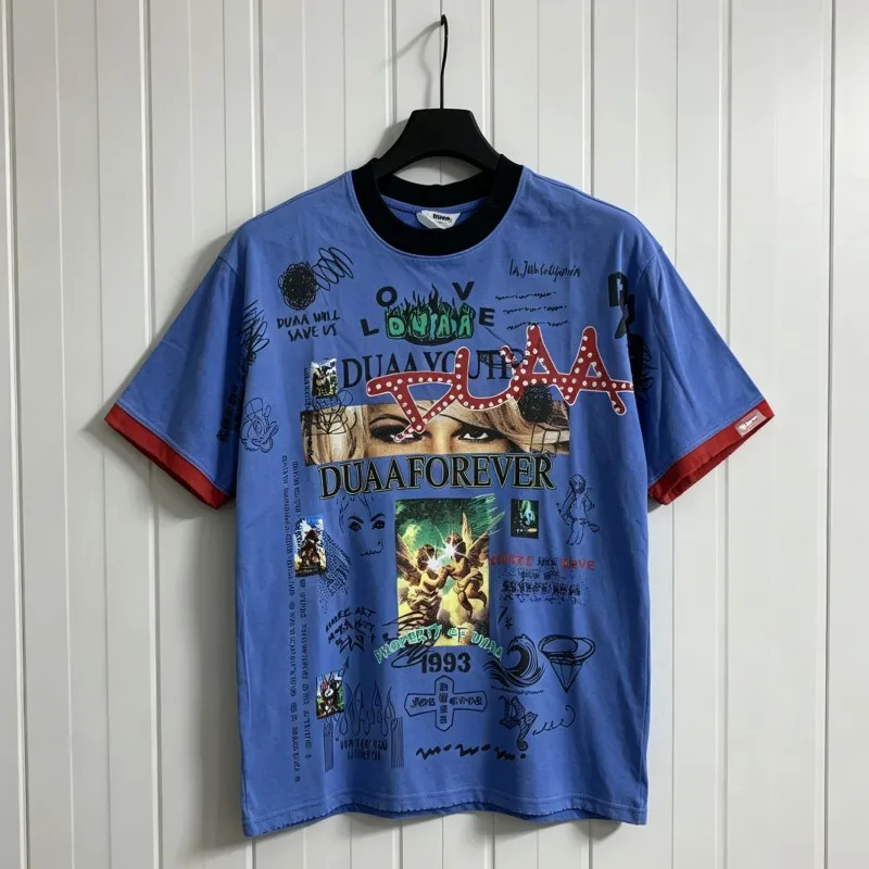 Black Spliced Round Neck Full Graffiti Text Print Hotfix Rhinestone Red Letters DUAA Tshirt Men Women Summer Blue Street Top Tee