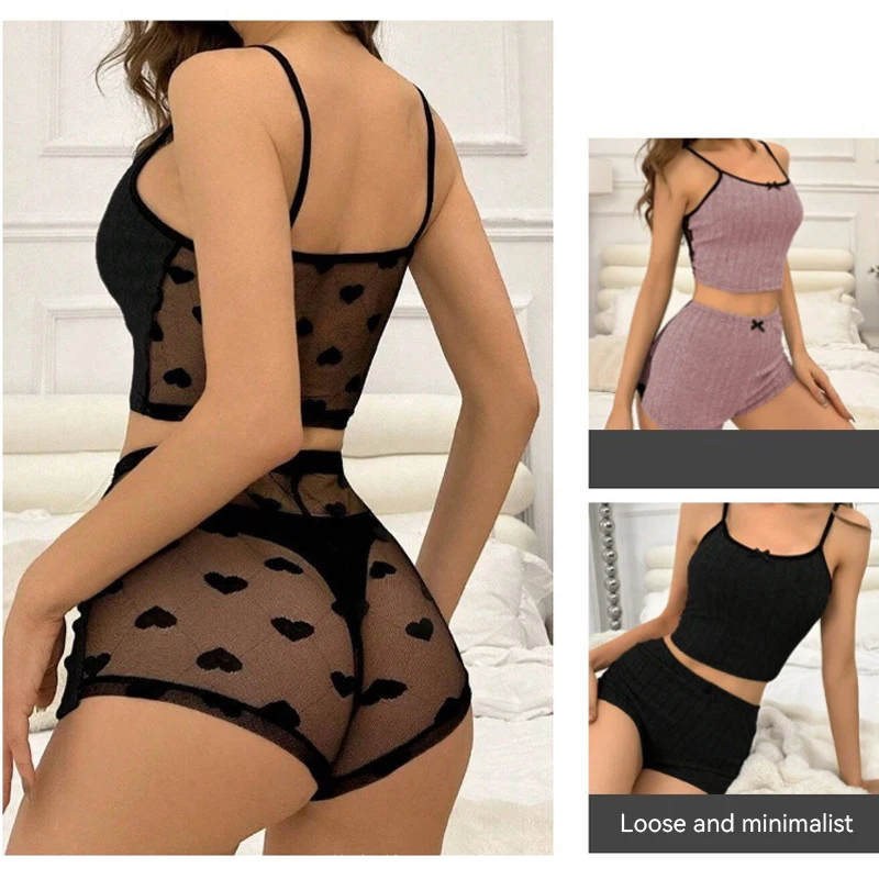 

Women's Sexy 2-Piece Pajamas Set Sheer Mesh Loungewear Heart Print Cami Top shorts Plus Size Sleepwear White Ventilate
