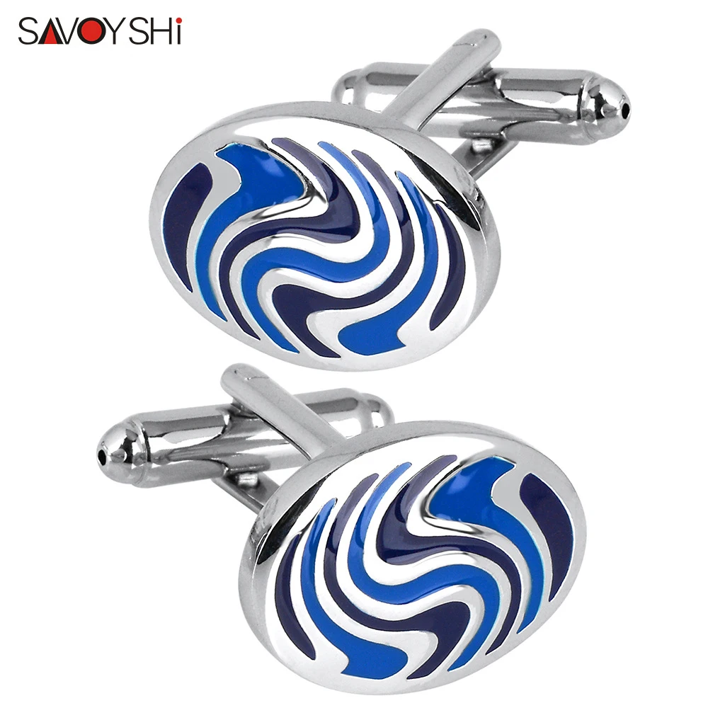 

SAVOYSHI Blue Pattern Drip Oil Cufflinks For Mens French Shirt Business Gift Jewelry Oval Cuff Buttons High Quality Cuff Links