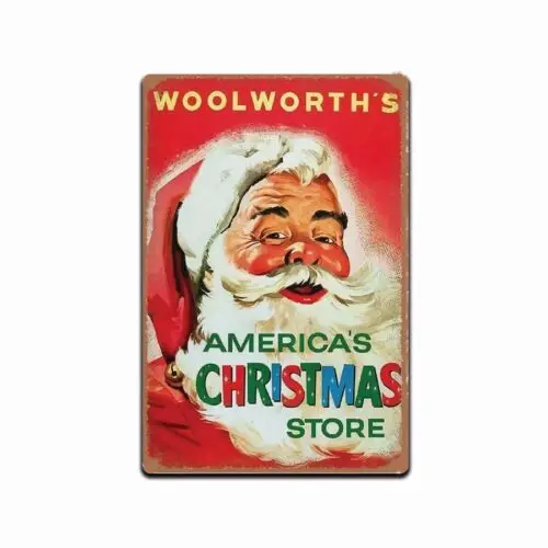 SANTA CLAUS TIN SIGN 1950 VINTAGE REPLICA WOOLWORTHS CHRISTMAS METAL POSTER