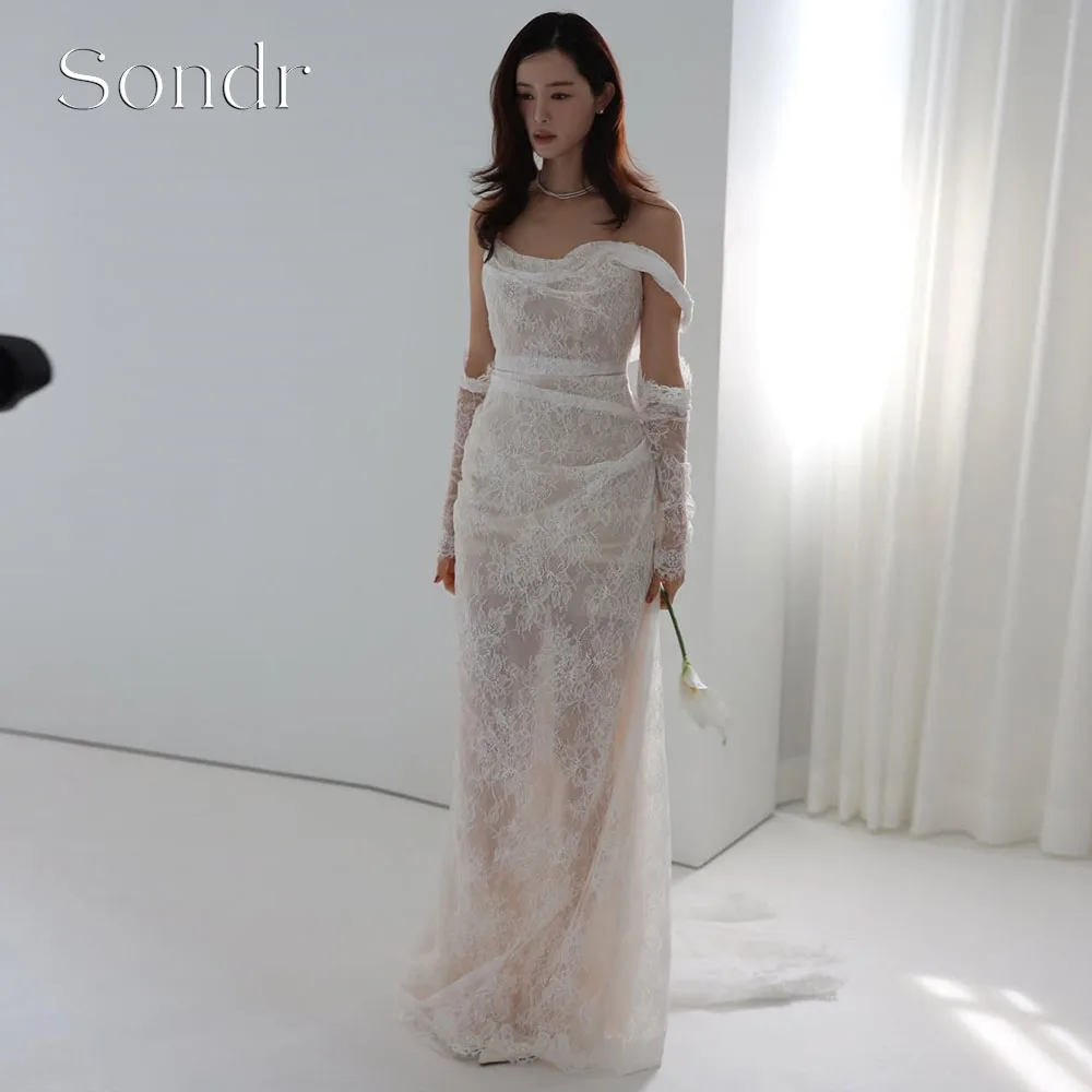Sondr Maßgeschneiderte Luxus-Spitzen-Brautkleider im koreanischen Stil 2026 Neu Schulterfreies Bodenlange Brautkleider für Fotoshootings