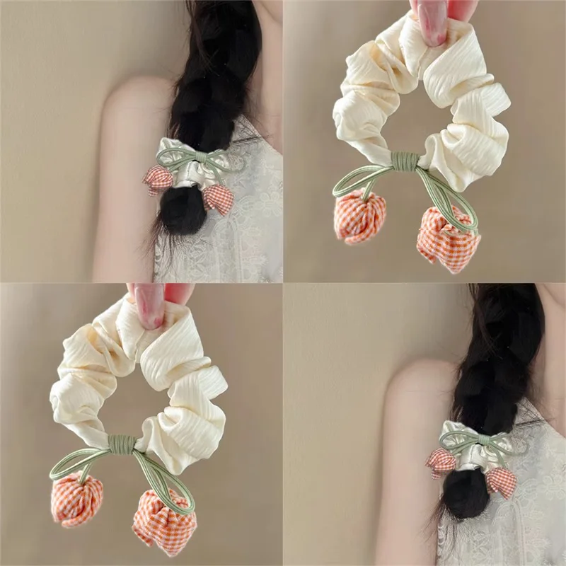 Cream White Pink Tulip Flower Hair Scunchies Satin Bow Hairbands Sweet Cute Ponytail Holder Hair Ropes Hair Styling Accessories