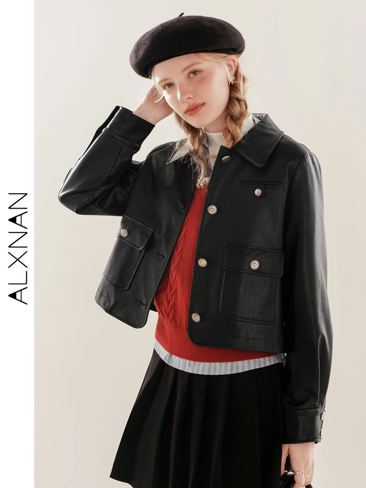

ALXNAN Women Elegant Leather Jacket Long Sleeve Lapel Faux Leather Coat Vintage Single Breasted Motorcycle Crop Jacket TM00320