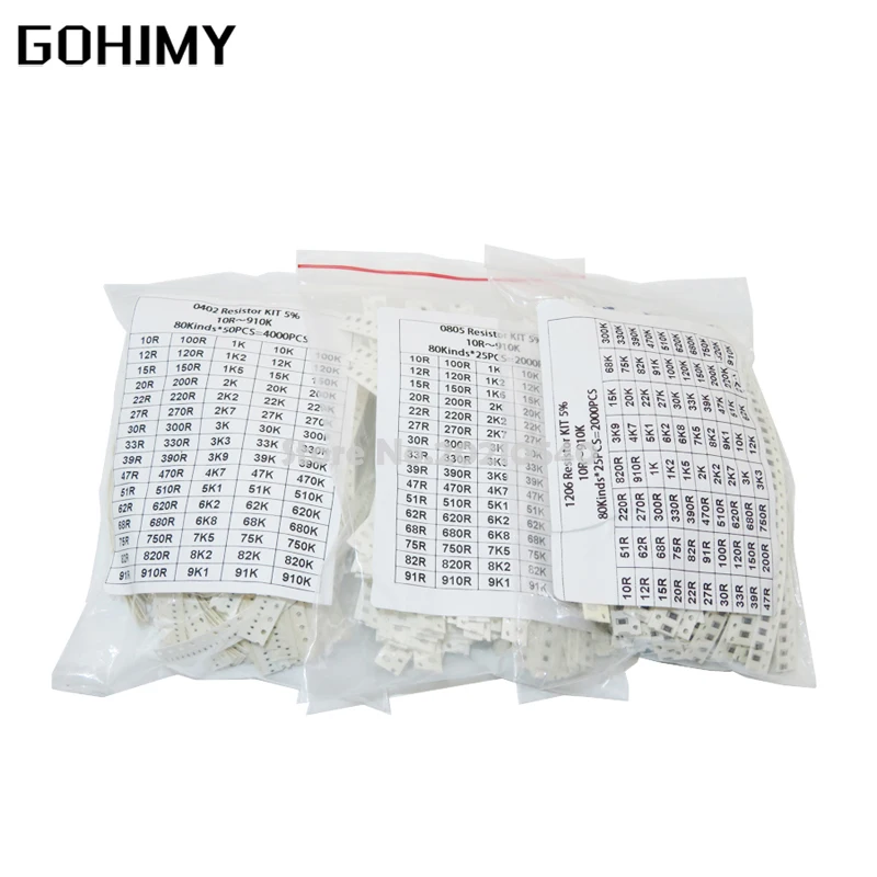 

200 шт. 660 шт. 720 шт. 4000 шт. 0402 шт. 0603 0805 1206 1210 SMD резистор в комплекте 10 к 2512 к 1 к 1R 100R 220R 100 1% набор в ассортименте