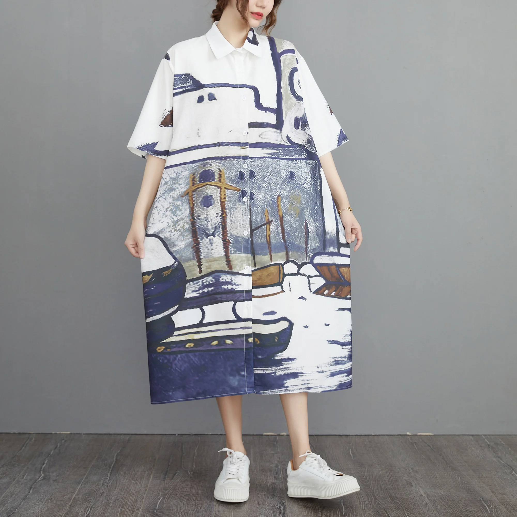 Grande taille rétro imprimé décontracté Midi irt Dr femmes été Faion minceur coréen Sle trajet motif abstrait unique Bu...