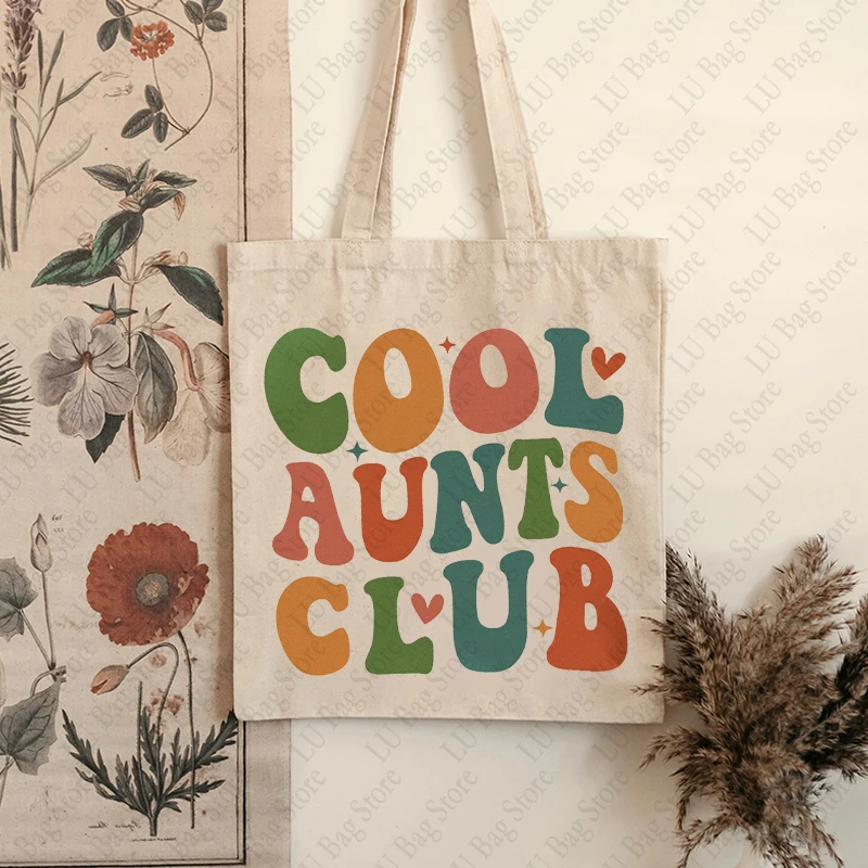 Cool Aunts Club Pattern Tote Bag Canvas Shoulder Bag for Daily Retro Cool Aunts Eras Reusable Shopping Bag Best Gift for Auntie