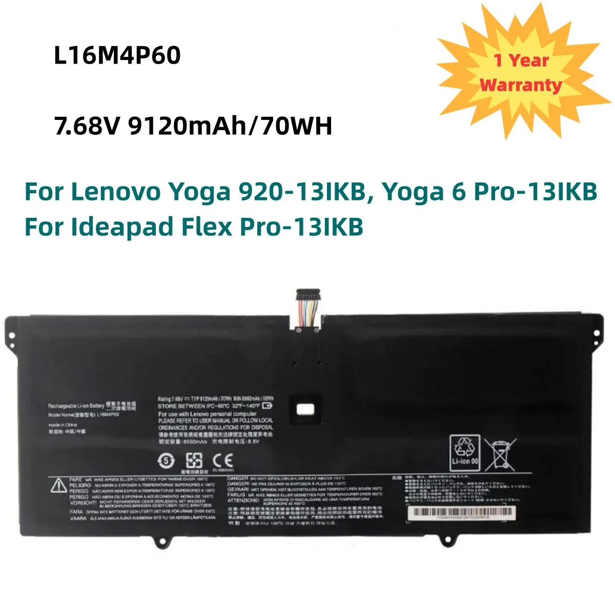 

L16M4P60 5B10N01565 Laptop Battery For Lenovo Yoga 920-13IKB, Yoga 6 Pro-13IKB For Ideapad Flex Pro-13IKB L16C4P61 7.68V 70WH