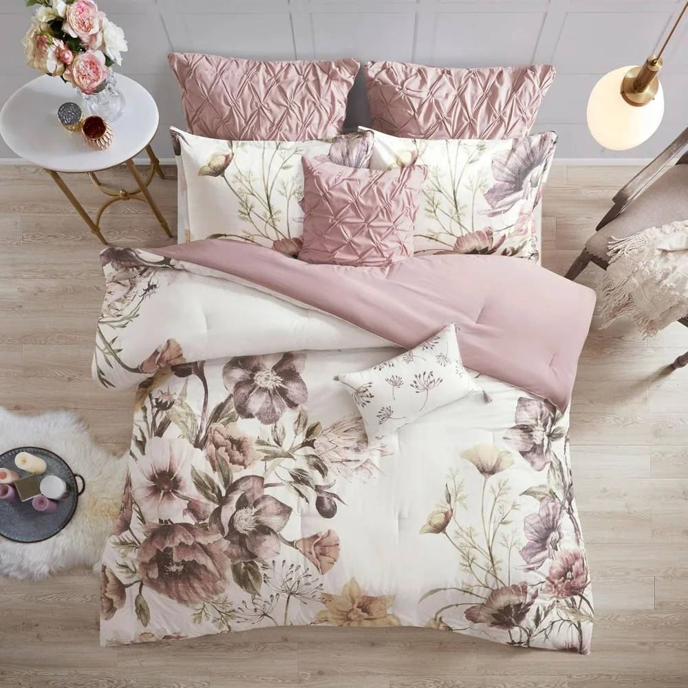 Floral Queen Comforter Set, Cotton Rich Bedding Set Feminine Design , All Season Bed Cover with Shams, Bed Skirt, Décor Pillow