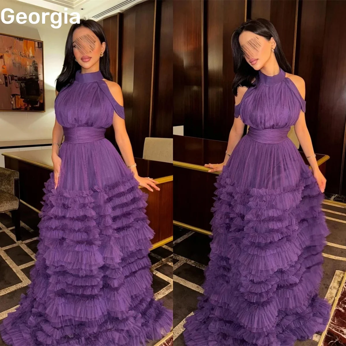 

Evening Dress Customize Halter Floor-Length A-Line Elegant And Pretty Women'S Dresses Zipper Up Cocktail Dresses Ruffle Tulle Sl