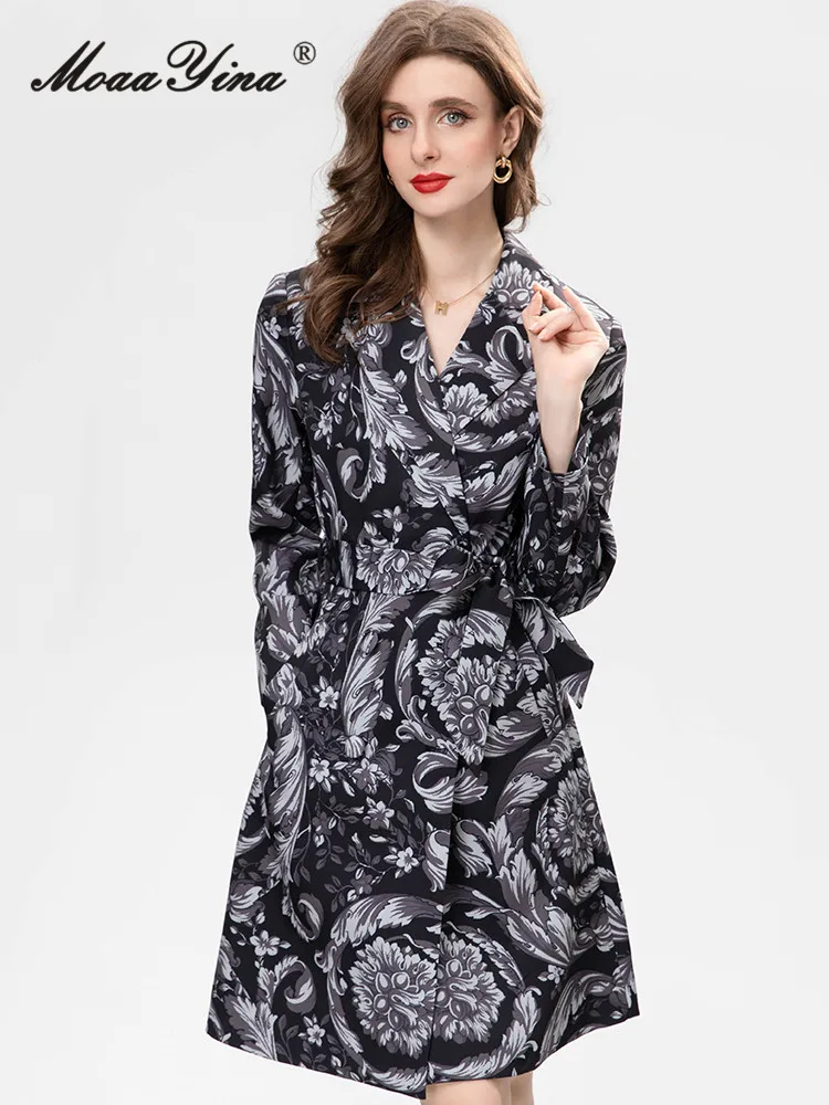 MoaaYina Autumn Fashion Runway Vintage Floral Print Trench Coat Women Lapel Button Frenulum Gathered Waist Slim Long Trench Coat