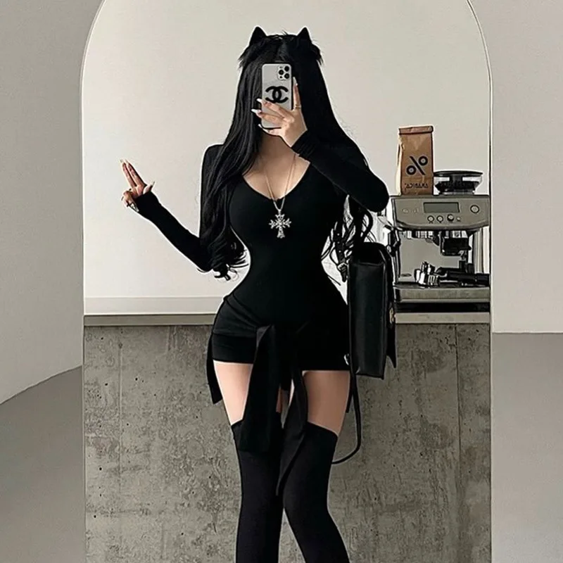 하이웨이스트 허리 조임 점프수트 라운드 넥 긴팔 여성 원피스 편안한 핏 하이웨이스트 폴리에스터 원단