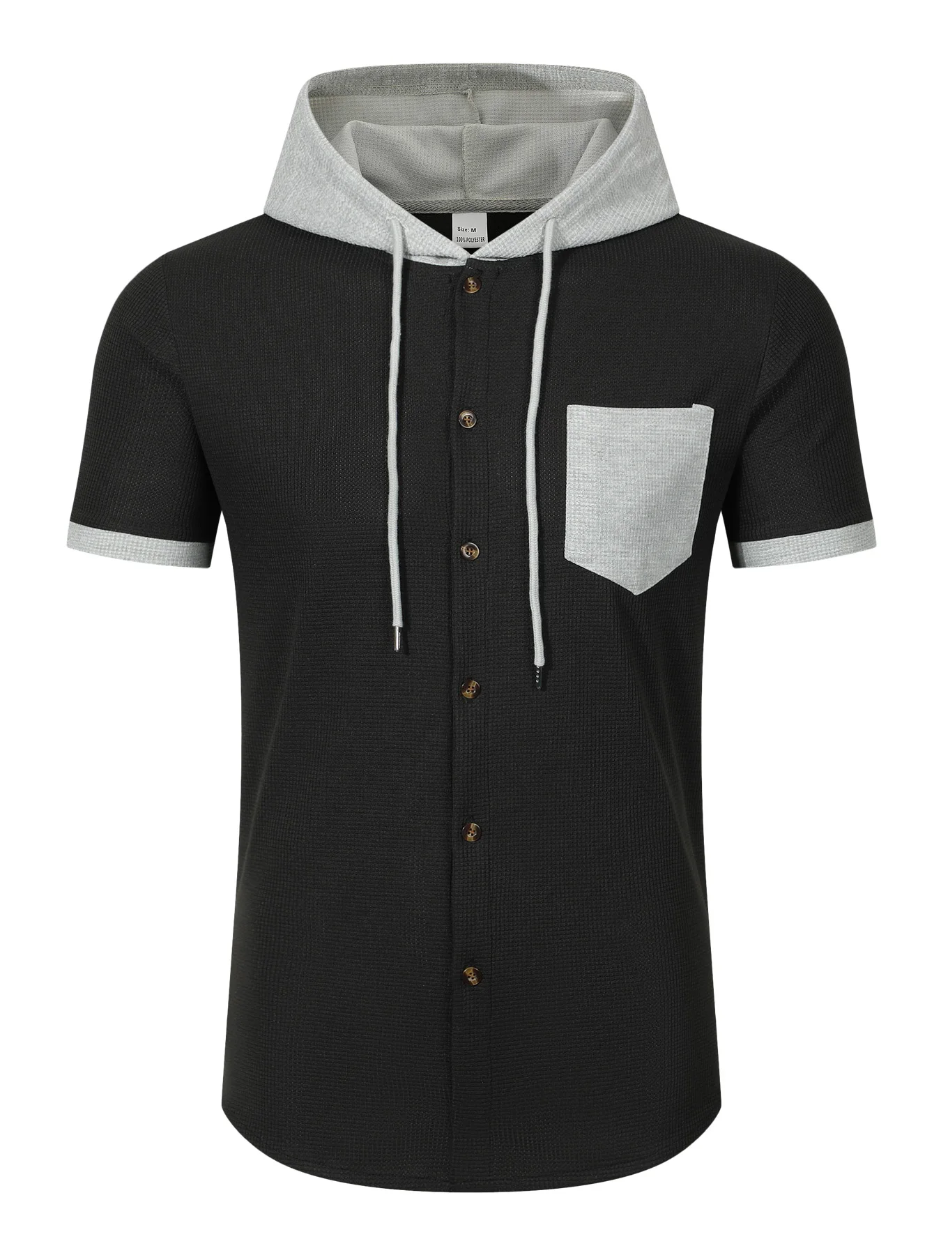 Men's Waffle Knit Color‑Block Spliced Short‑Sleeve Hooded T‑Shirt, Loose Breathable Streetwear Casual Top for Summer