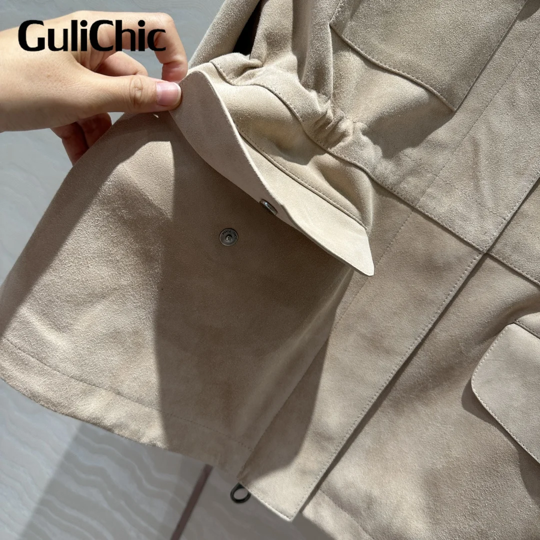 8.20 GuliChic High Quality Fashion Casual Traveller Outerwear Women Drawstring Collect Waist Temperament Genuine Leather Jacket