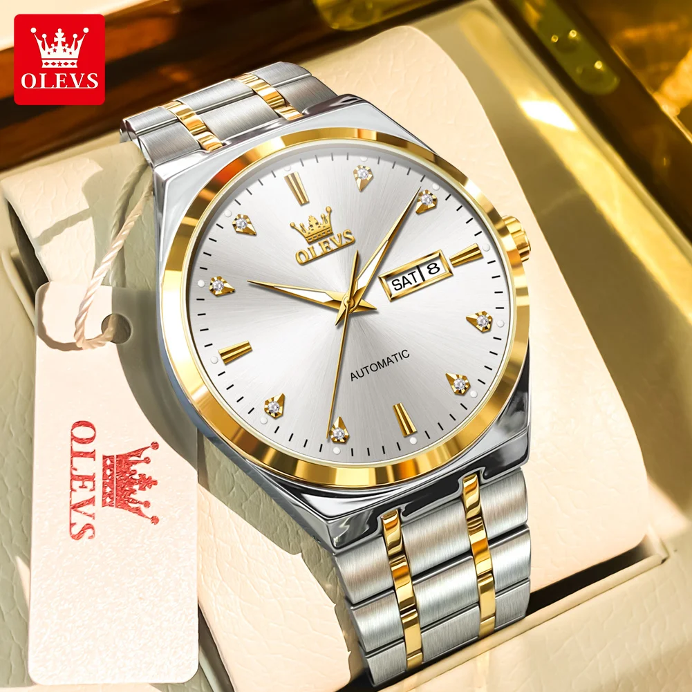 

OLEVS 9811, деловые мужские автоматические механические часы, классические модные водонепроницаемые часы с двойным календарем и бриллиантами, роскошные брендовые часы