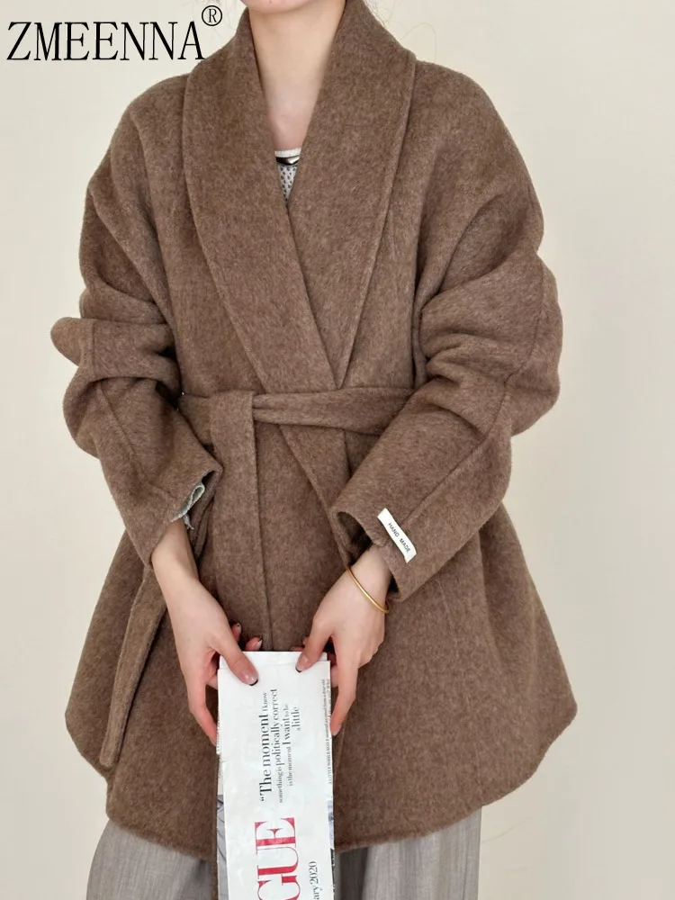 

ZMEENNA Women's Woolen Coat Oversized Lapel Tie-Waist Long Sleeve Thick Cardigan Soft Warm Winter Outerwear Fashion ZM4163