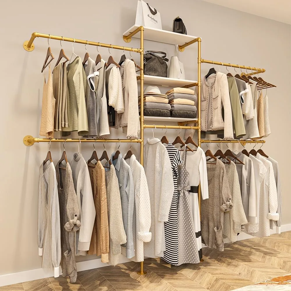 Industrial-Style Wall-Mounted Heavy Duty Gold Pipe Clothing Rack with Adjustable Shelves and Corner Closet System