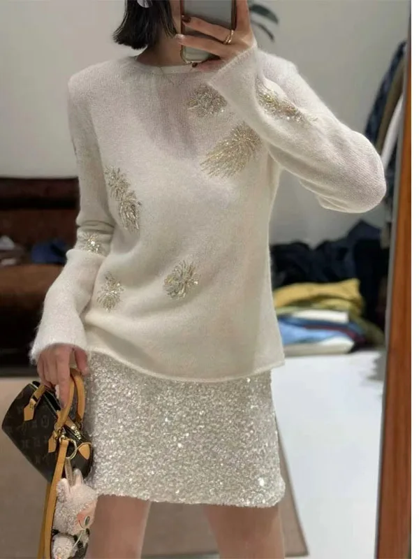 

iny Sequin Knitted Sweater Women's round Ne Heavy Work Soft Cozy Faion Slimming Spring New Sle Korean Version Long Sl...