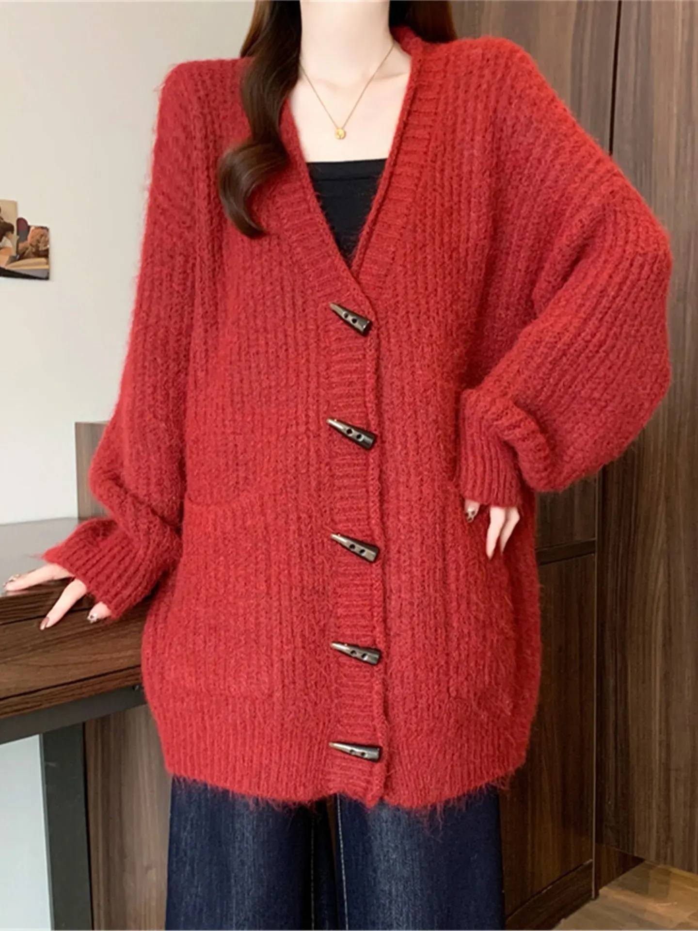 

Свободное ленивое трикотажное пальто на пуговицах, повседневное пальто из мягкой ткани, длинное све, стандартная посадка для женщин, осенне-зимняя верхняя одежда