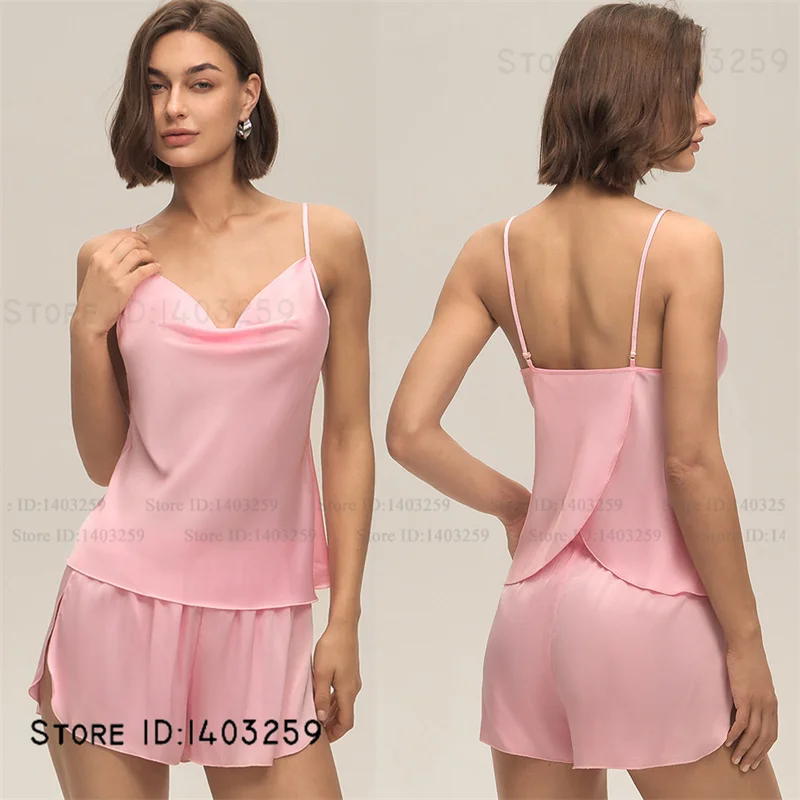New Female Pajamas Set Sexy Intimate Lingerie Suspender Swing Collar Pijamas Suit Summer Silky Satin Homewear Loungewear Pyjama