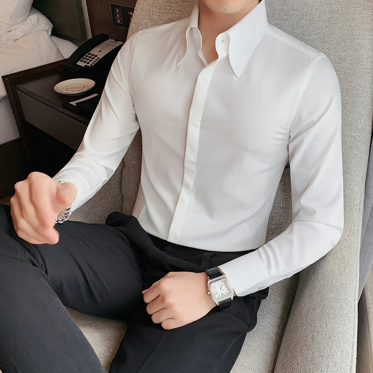 

French Pointed Collar Concealed Button Shirts For Men High Quality Luxury Long Sleeve Slim Fit Shirt Formal Social Party Tuxedo