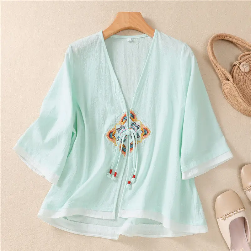 2024 Summer New Chinese Style Blouses Women's Solid Color Embroidered Button Cardigan Loose V-neck 3/4 Sleeve Retro Folk Shirts