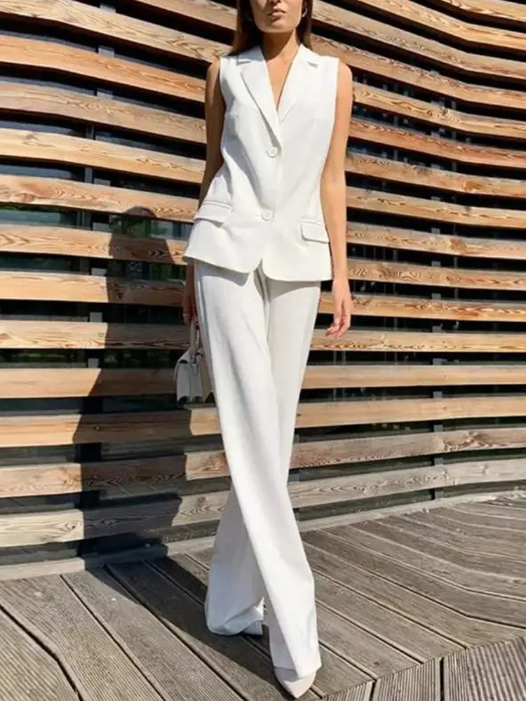 

Commute Lady Elegant Suit Pants Suit Spring Fashion Button Notched Vest Top Two Piece Sets Summer Solid Sleeveless Women Outfits