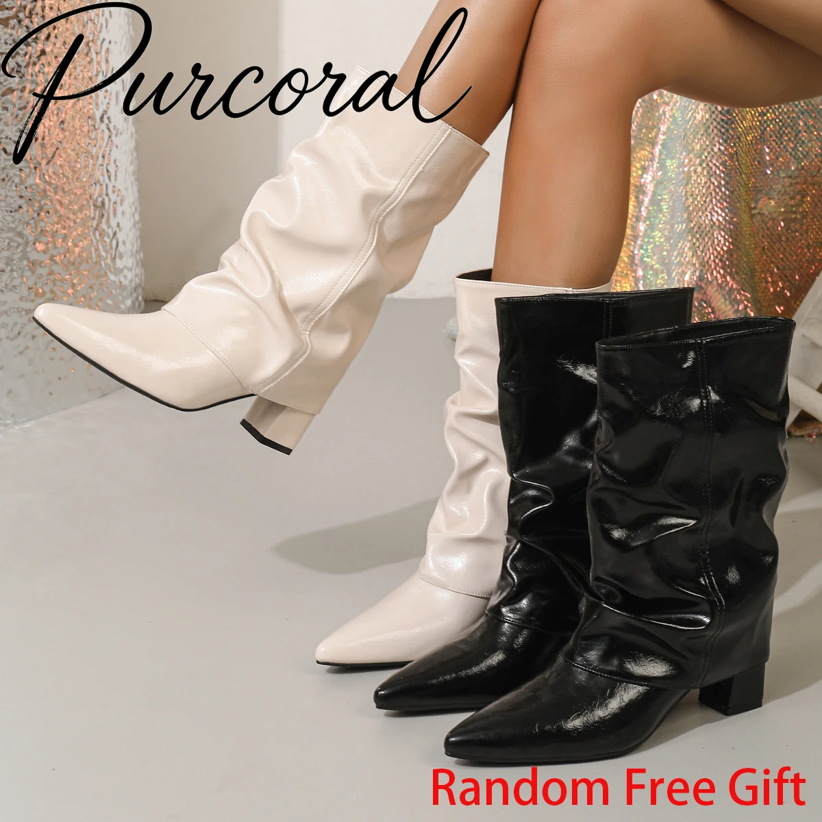 2026 New Patent Leather Pleated Mid Calf Boots Women Pointed Toe Block Heel Boots Cowboy Ladies Western Boots Shoes