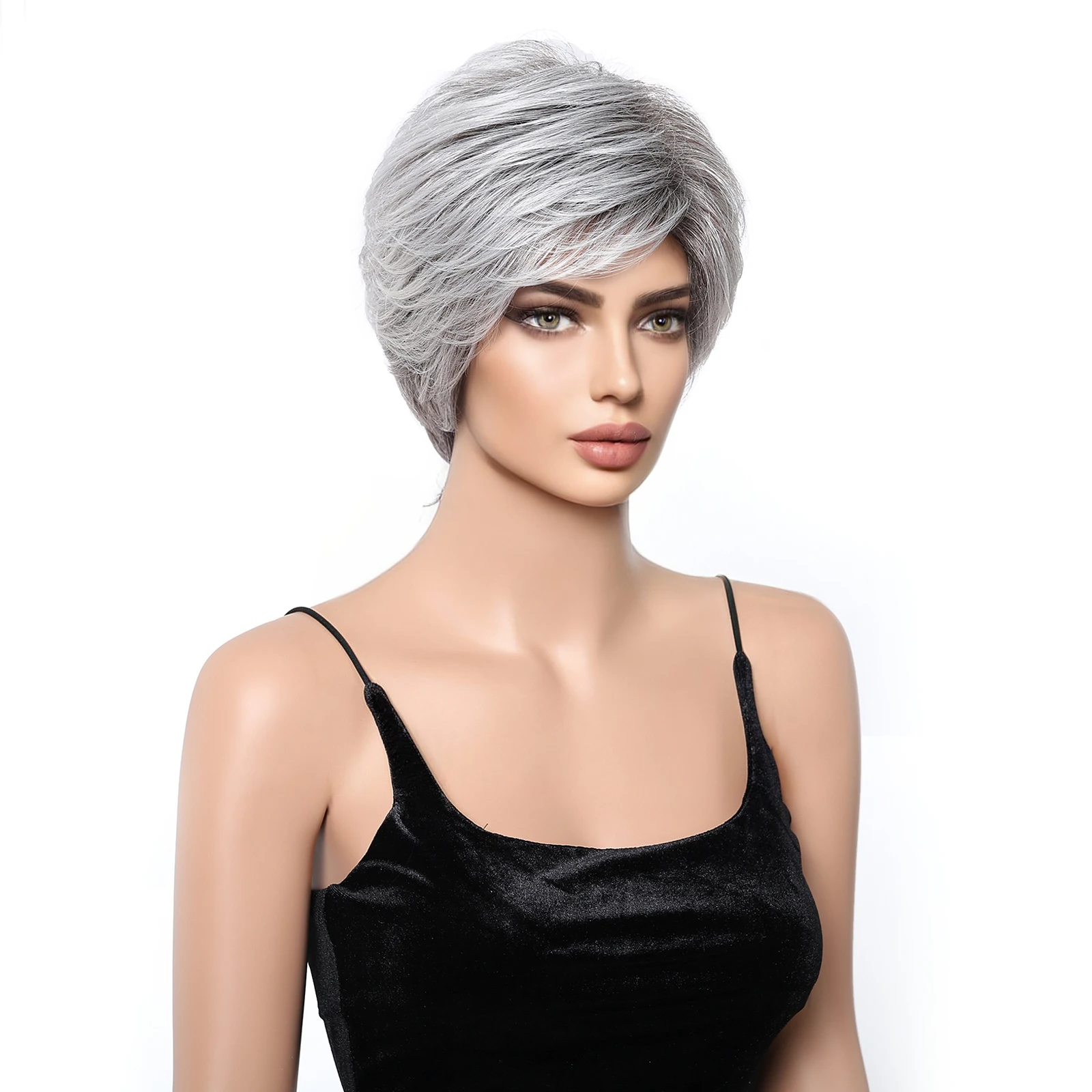 Parrucca per capelli in argento grigio a strati corti per le donne parrucche in misto Pixie Cut capelli umani parrucca sintetica mista soffice naturale ad alta temperatura