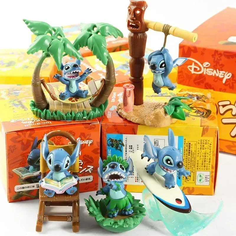 5-7cm 5pcs/set Disney Cartoon Figure Stitch Hawaiian Scene Desktop Pvc Model Ornaments Toy Collection Children Birthday Gifts