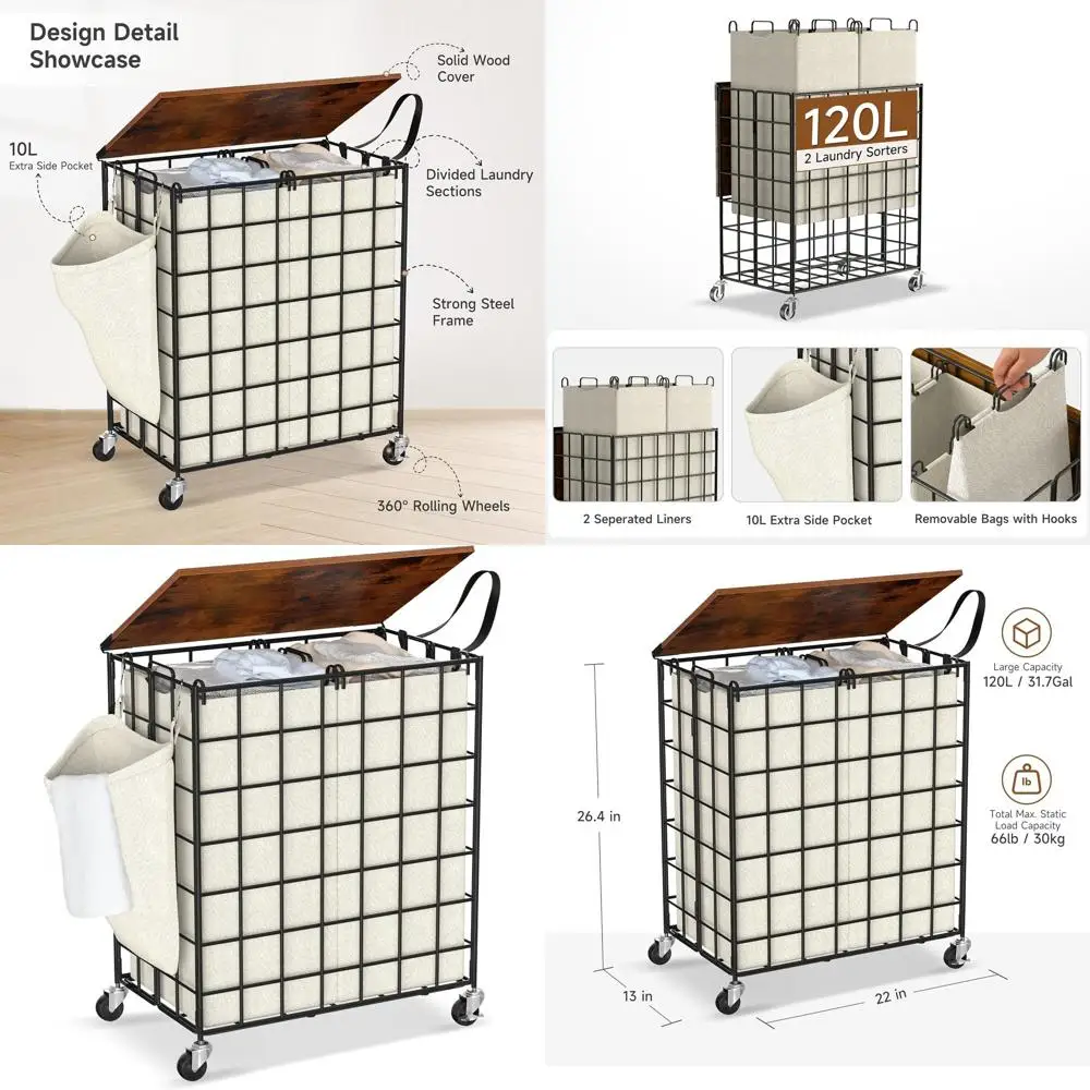 

Прочная вращающаяся 2-секционная корзина для белья с деревянной крышкой, большая вместимость, боковой карман, бежевый