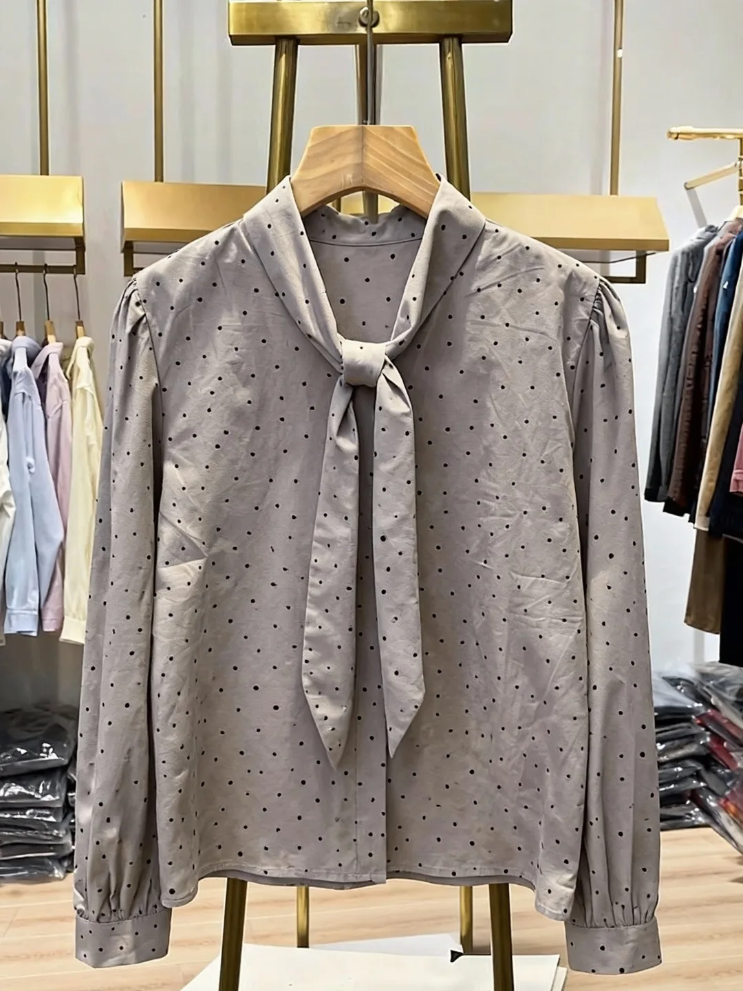 2026 Spring Korean Polka Dot Loose Women's irt Long Sve Bow Tie Vintage Versatile Faionable Top for Young Girls