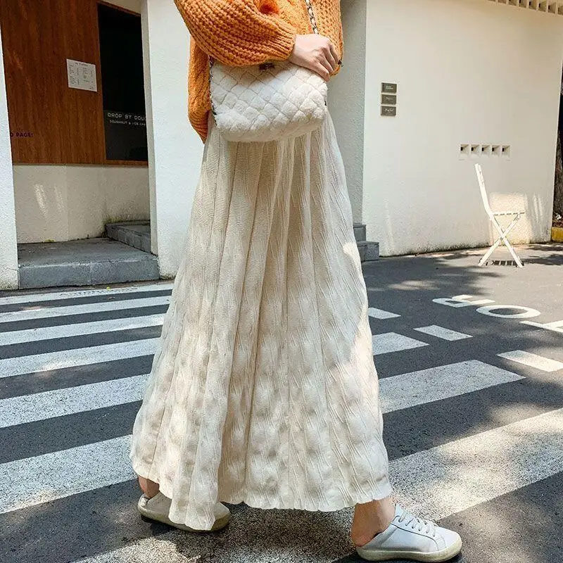 Falda de punto para niña Kawaii, nuevo modelo de otoño e invierno, vestido largo de cintura alta, doble bolsillo, cintura elástica, falda de estilo perezoso, dopamina