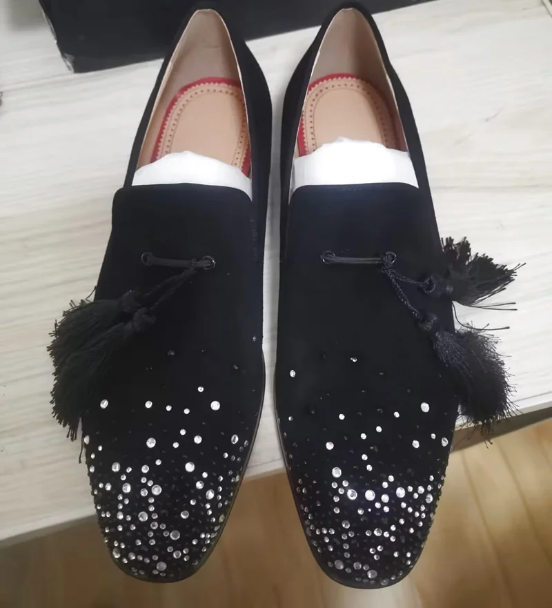 New Black Suede Shoes Men Rhinestone Loafers Luxury Tassel Shoes Handmade Slip On Mens Dress Shoes Party And Wedding Shoes