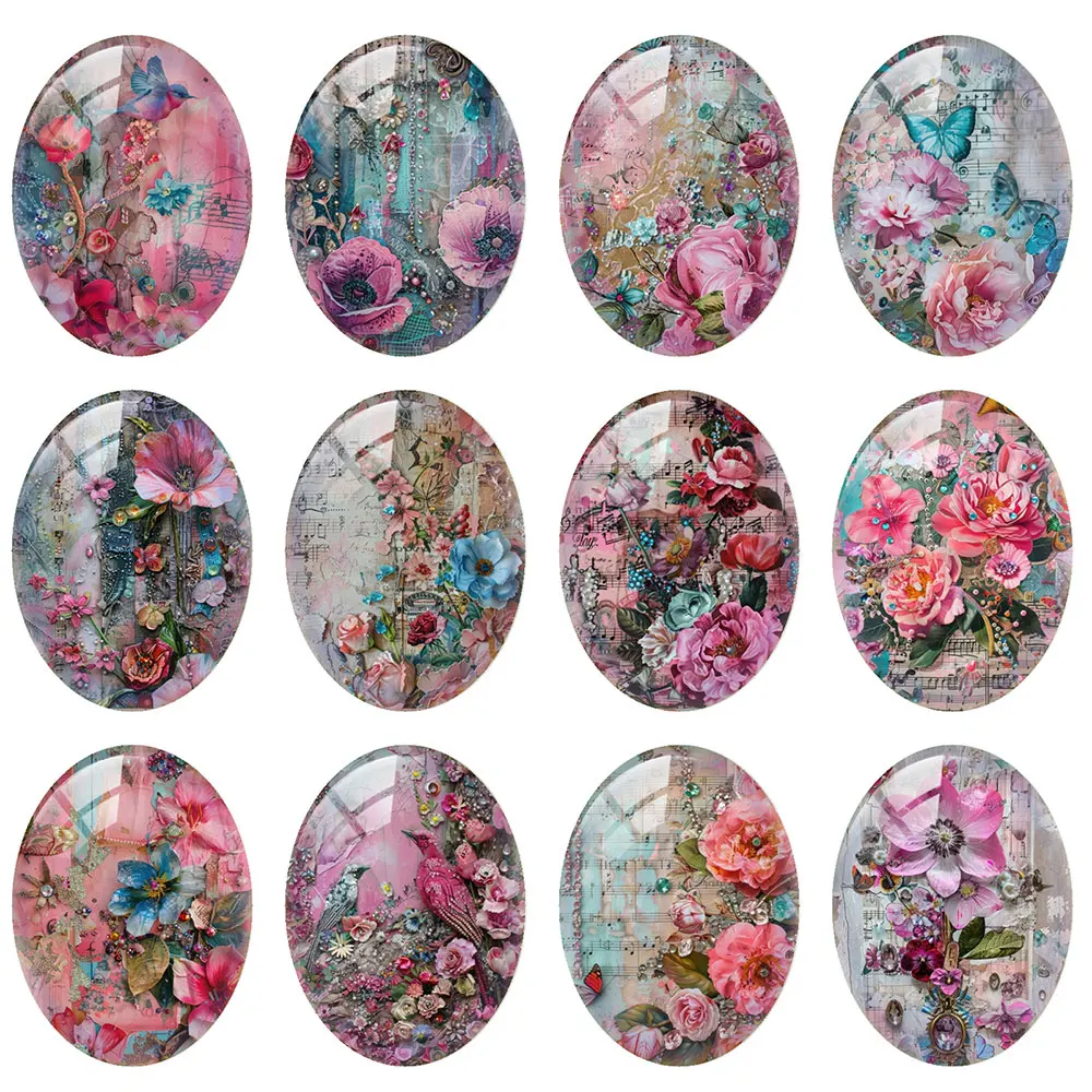 

10pcs/lot Artist Flower Painting Oval Photo Glass Cabochon Flatback Demo Flat Back Cameo For Diy Jewelry Making Supplies