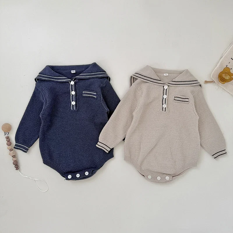 جديد ربيع 2026 بدلة قفز محبوكة للأطفال الأولاد والبنات بياقة بحرية وأكمام طويلة ملابس أطفال حديثي الولادة 0-24 متر ملابس أطفال #1