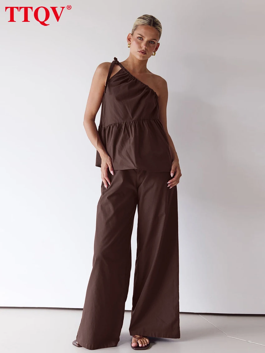 

TTQV Summer Loose Brown Two Piece Outfits Woman 2026 Sexy Sleeveless Tank Top With High Waist Wide Pants Set Female Clothing