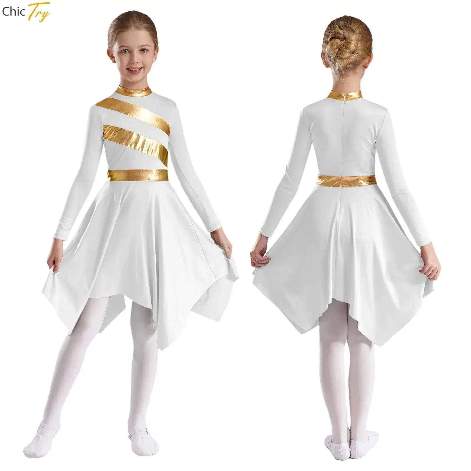 

Kids Girls Praise Lyrical Dance Dress Ballroom Dancing Church Choir Stage Performance Dancewear Long Sleeve Color Block Dresses