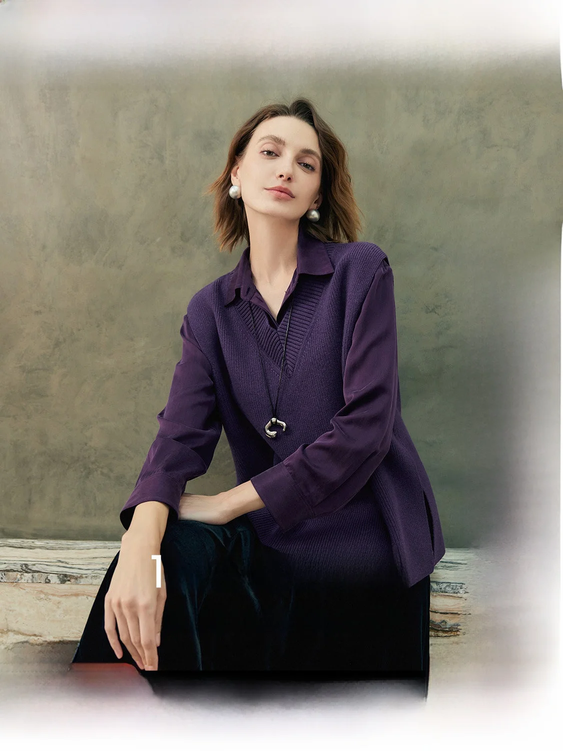 Chaleco de punto morado de lana pura para mujer, suéter de capas Infini Faionable, corte holgado, cómodo, longitud Regular V-Ne