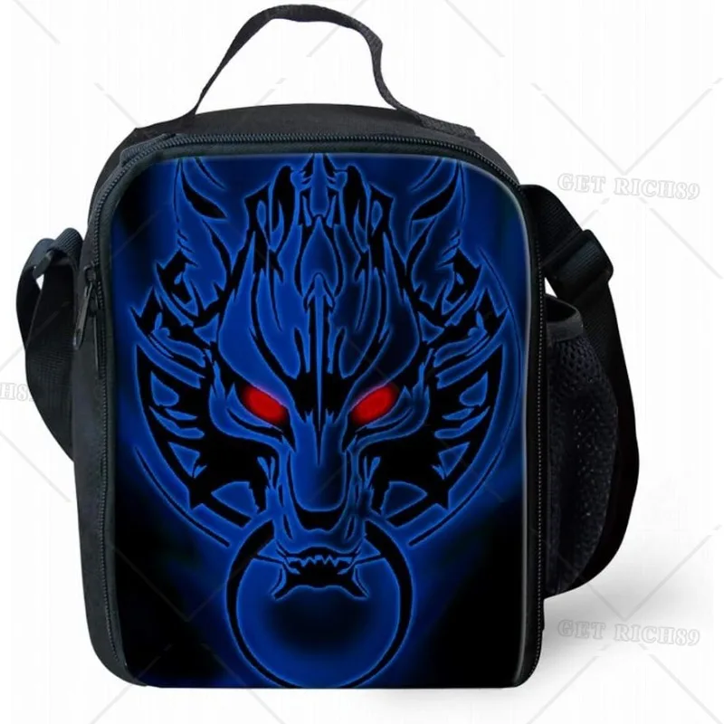 Blue Wolf Print Insulated Lunch Bag for Kids Boy Girls Reusable Lunch Box Adjustable & Removable Kits Tote Bag for School Work