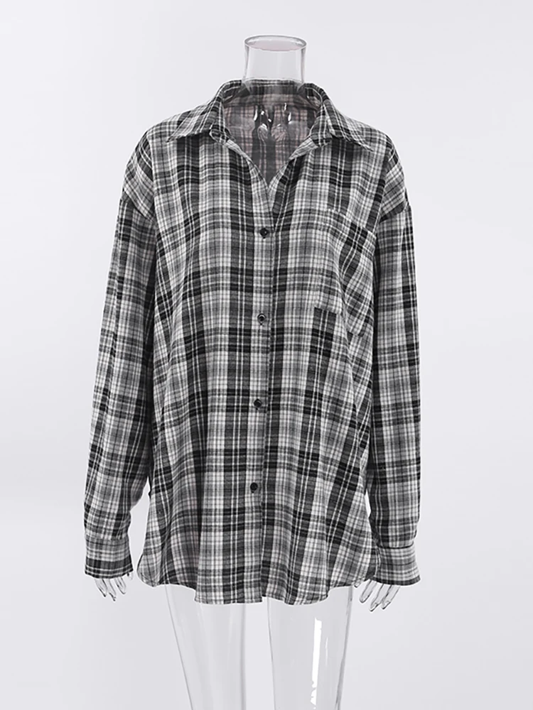 Mnealways18 Patchwork Black And White Plaid Shirts Women Pocket Gingham Blouse Casual Loose Long Sleeve Print Tops Spring Shirts