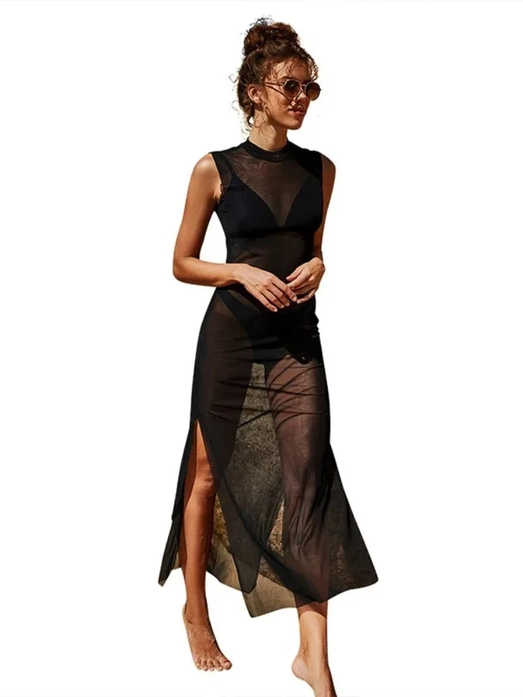 透けるメッシュロングドレス レディース服 ビーチカバーアップ 無地ブラックワンピース ガーゼローブ 女性用 夏