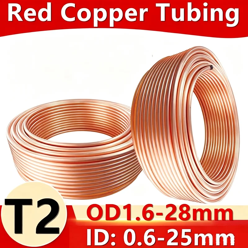 T2 Red Copper Tubing Airs Conditioning Refrigeration Capillary Wire Pipes 2/3/4/6/8/10/12 OD1.6-28mm Soft Coil Copper Tube