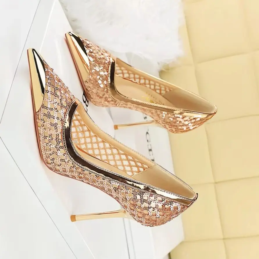 Luxury High Heels Sequin Mesh Women Pumps Metal Pointed Tip Women Heels 9.5 CM Stiletto Fashion Banquet Shoes Sexy Party Shoes