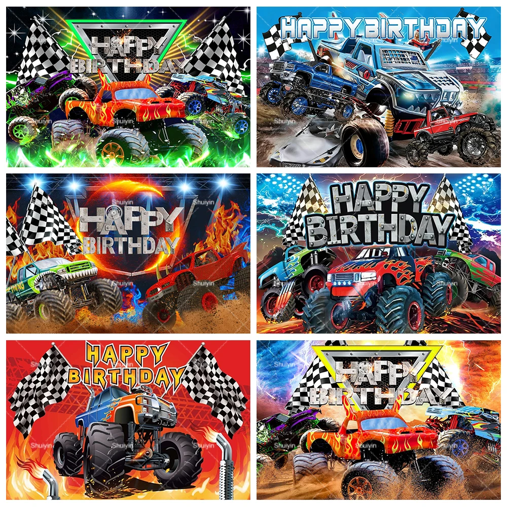 

Cartoon Monster Truck Backdrop Boys Birthday Decorations Party Supplies Monster Machines Baby Shower Banner Photo Shoot Props