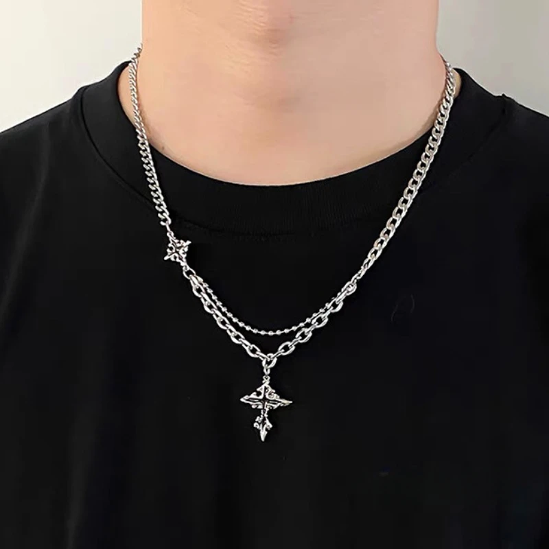 Y2K Grunge Hip Hop Halloween Jewelry Accessories Punk Metal Back Cross Pendant Silver Color Chain Necklace for Women Men